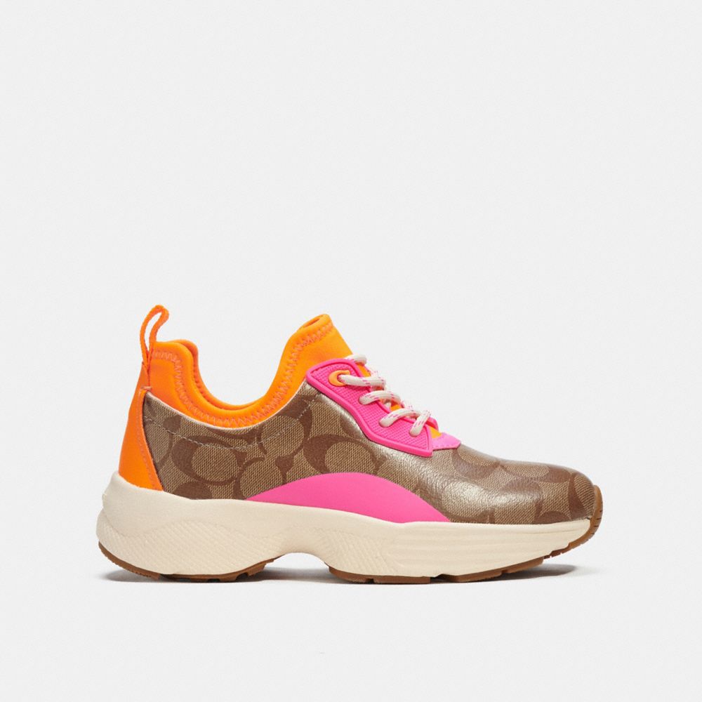 COACH®,C270 TECH RUNNER,KHAKI/FLUO PINK,Front View