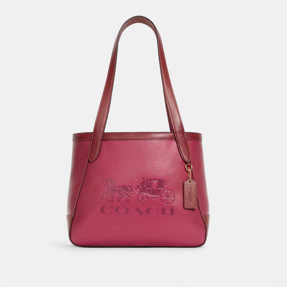 COACH®,TOTE 27 IN COLORBLOCK WITH HORSE AND CARRIAGE,Pebble Leather,Medium,Gold/Bright Violet Multi,Front View