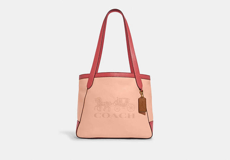 COACH®,TOTE 27 IN COLORBLOCK WITH HORSE AND CARRIAGE,Pebble Leather,Medium,Gold/Faded Blush Multi,Front View