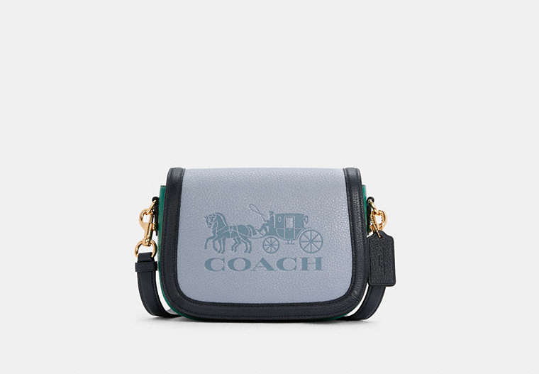 COACH®,SADDLE IN COLORBLOCK WITH HORSE AND CARRIAGE,Small,Gold/Twilight Multi,Front View