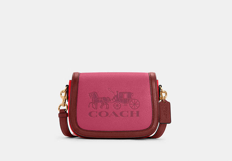 COACH®,SADDLE IN COLORBLOCK WITH HORSE AND CARRIAGE,Small,Gold/Bright Violet Multi,Front View