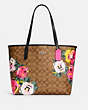 COACH®,CITY TOTE IN SIGNATURE CANVAS WITH VINTAGE ROSE PRINT,Signature Coated Canvas/Smooth Leather,Silver/Khaki Multi,Front View