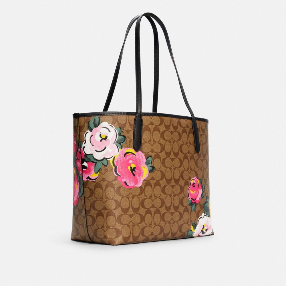 COACH City Tote In Signature Canvas With Vintage Rose Print shoulder Bag, Color: Brown/Pink