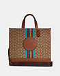 COACH®,DEMPSEY TOTE 40 IN SIGNATURE JACQUARD WITH STRIPE AND COACH PATCH,n/a,X-Large,Gold/Khaki/Redwood Multi,Front View