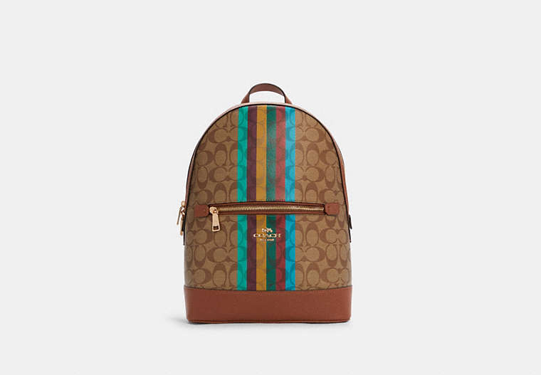 COACH®,KENLEY BACKPACK IN SIGNATURE CANVAS WITH STRIPE,n/a,Large,Gold/Khaki Multi,Front View