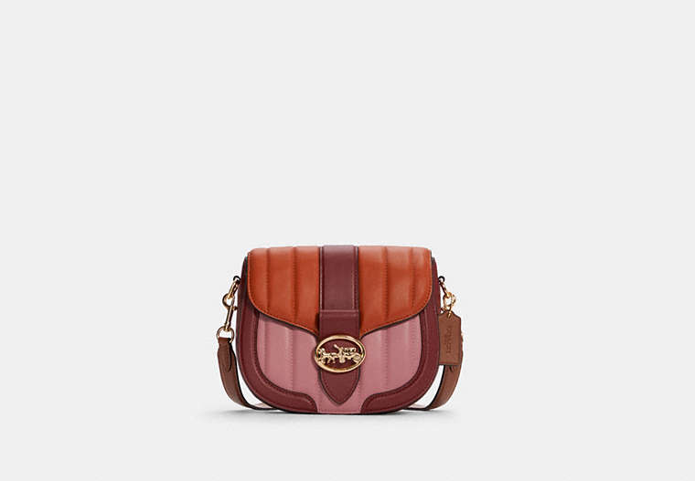 COACH®,GEORGIE SADDLE BAG WITH COLORBLOCK PUFFY QUILTING,Small,Gold/True Pink Multi,Front View