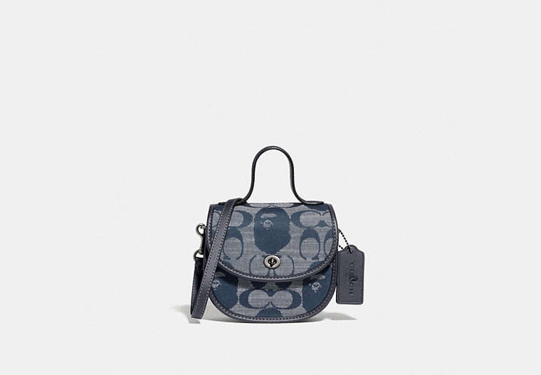 COACH®,BAPE X COACH MINI TOP HANDLE SADDLE BAG IN SIGNATURE CHAMBRAY,Jacquard,Mini,Pewter/Chambray,Front View
