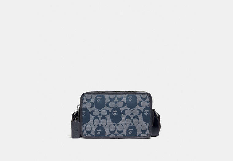 COACH®,BAPE X COACH BOX CROSSBODY IN SIGNATURE CHAMBRAY,Jacquard,Small,Pewter/Chambray,Front View
