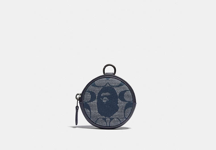 COACH®,BAPE X COACH COIN CASE IN SIGNATURE CHAMBRAY,Jacquard,Pewter/Chambray,Front View