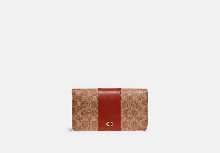 COACH®,SLIM WALLET IN SIGNATURE CANVAS,Signature Coated Canvas/Smooth Leather,Brass/Tan/Rust,Front View