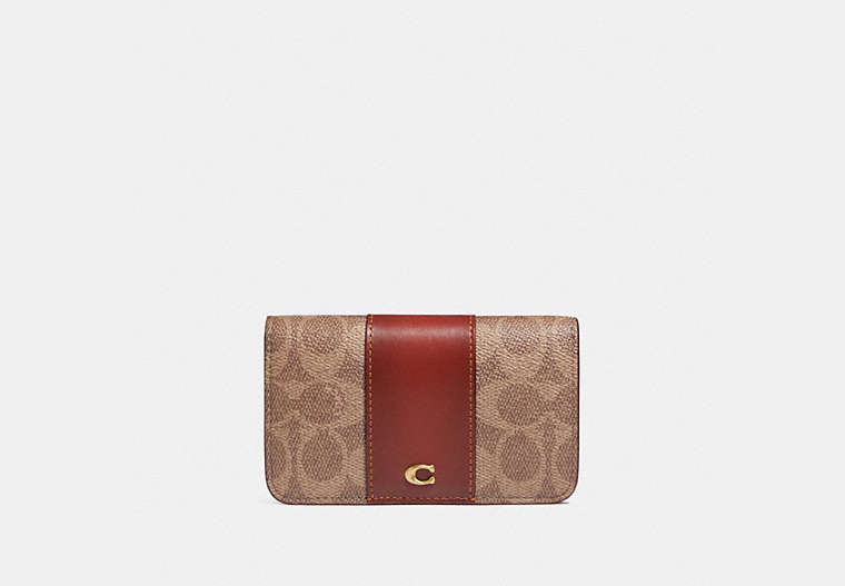 COACH®,SLIM CARD CASE IN SIGNATURE CANVAS,Signature Coated Canvas/Smooth Leather,Mini,Brass/Tan/Rust,Front View