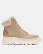 COACH®,JANEL BOOT,Suede/Signature Coated Canvas/Shearling,Oat,Angle View