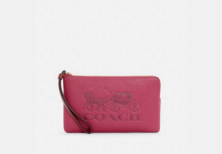 COACH®,LARGE CORNER ZIP WRISTLET IN COLORBLOCK WITH HORSE AND CARRIAGE,Mini,Gold/Bright Violet Multi,Front View