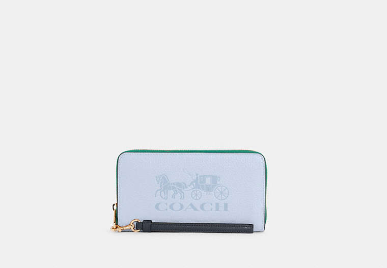 COACH®,LONG ZIP AROUND WALLET IN COLORBLOCK WITH HORSE AND CARRIAGE,Leather,Mini,Gold/Twilight Multi,Front View
