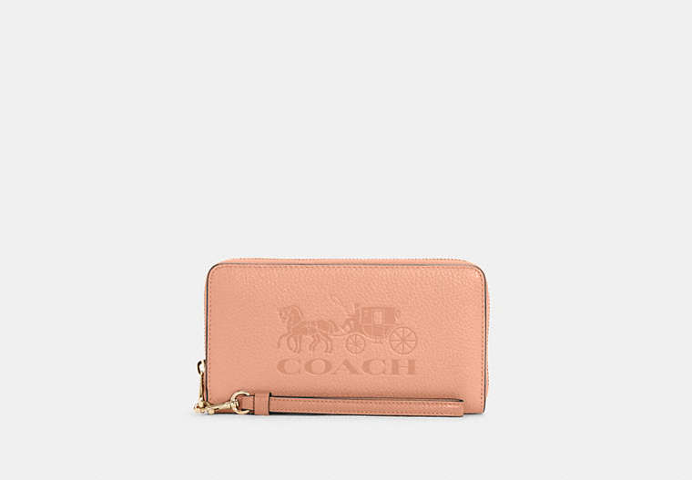 COACH®,LONG ZIP AROUND WALLET IN COLORBLOCK WITH HORSE AND CARRIAGE,Leather,Mini,Gold/Faded Blush Multi,Front View