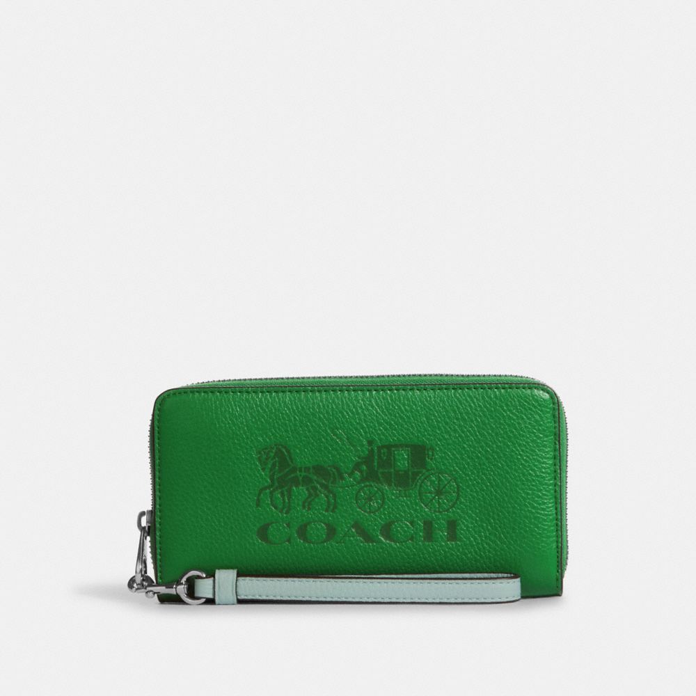 COACH®,LONG PORTEFEUILLE À ZIP-CONTOUR À CONTRASTE DE COULEUR AVEC CHEVAL ET CHARIOT,Cuir,Argent/Vert Multi,Front View