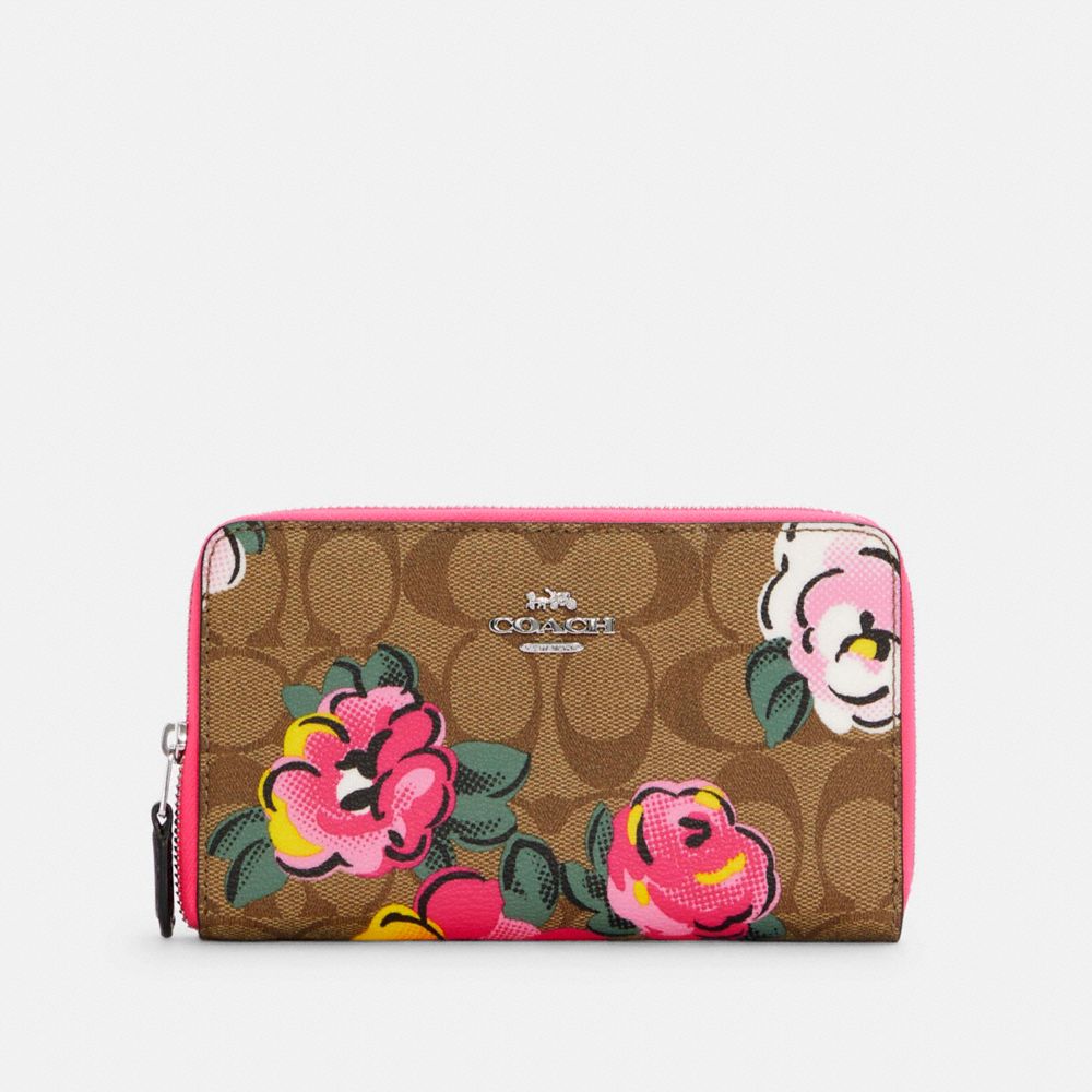 COACH®,MEDIUM ID ZIP WALLET IN SIGNATURE CANVAS WITH VINTAGE ROSE PRINT,Silver/Khaki Multi,Front View