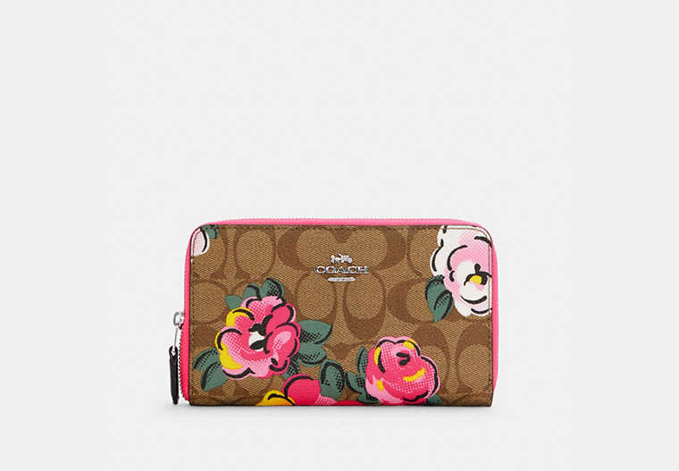COACH®,MEDIUM ID ZIP WALLET IN SIGNATURE CANVAS WITH VINTAGE ROSE PRINT,Silver/Khaki Multi,Front View