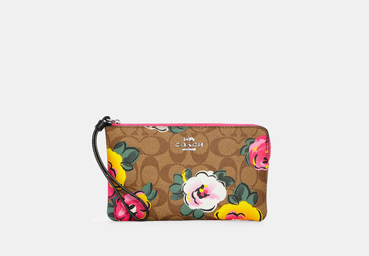 COACH®,LARGE CORNER ZIP IN SIGNATURE CANVAS WITH VINTAGE ROSE PRINT,Silver/Khaki Multi,Front View