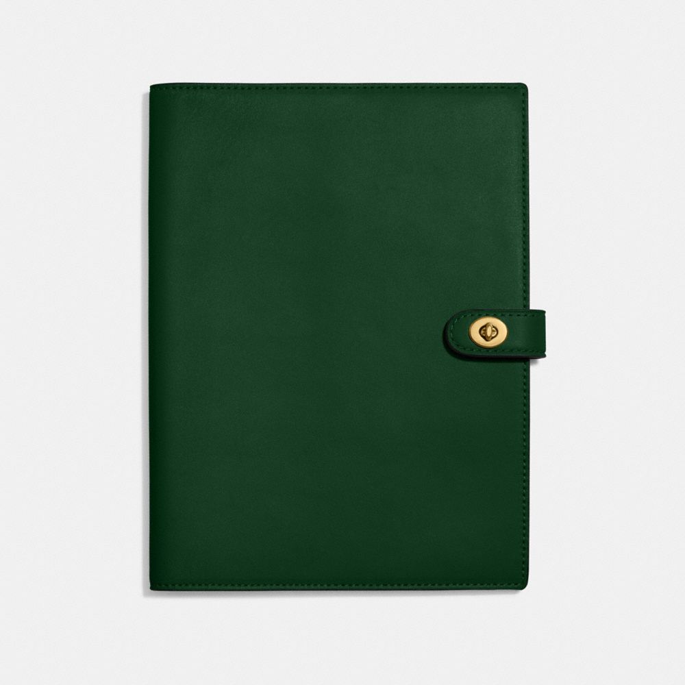 COACH®,NOTEBOOK,Smooth Leather,Brass/Dark Pine,Front View image number 0