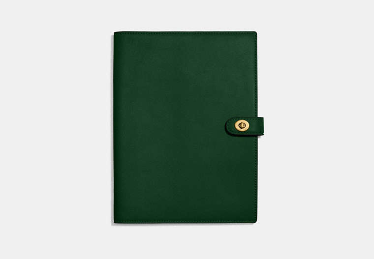 COACH®,NOTEBOOK,Smooth Leather,Brass/Dark Pine,Front View image number 0