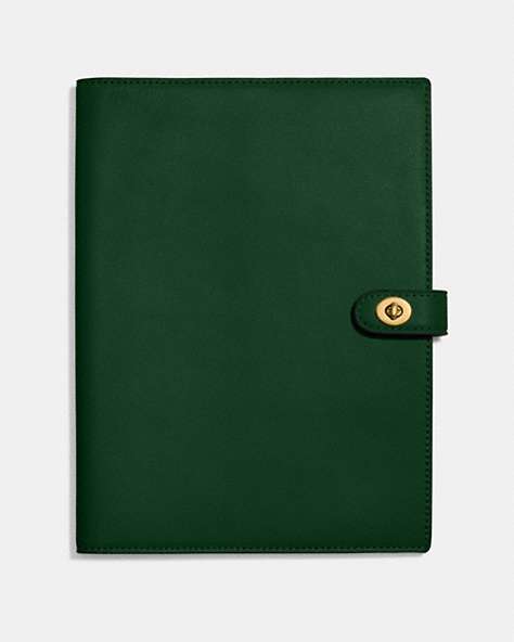 COACH®,NOTEBOOK,Smooth Leather,Brass/Dark Pine,Front View