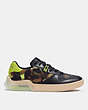 COACH®,CITYSOLE COURT SNEAKER WITH CAMO PRINT,Fabric/Leather,Black Neon Yellow,Angle View