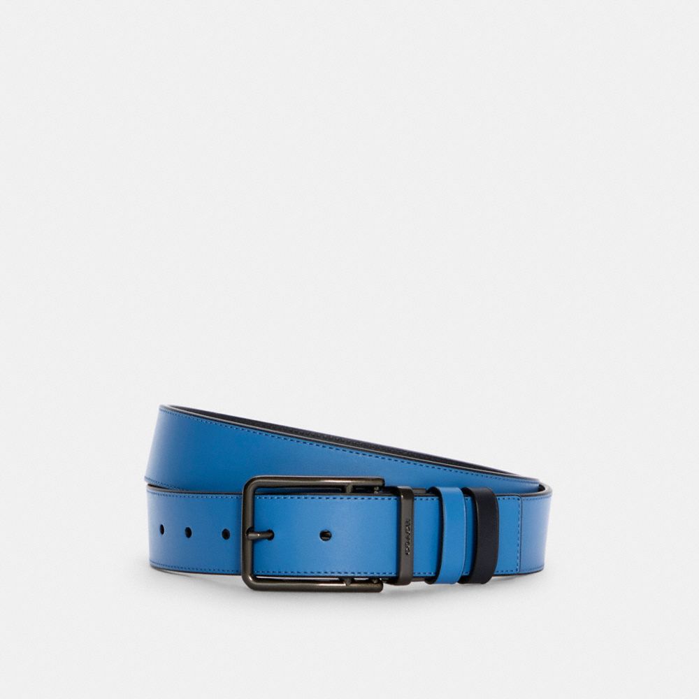 COACH®,DOUBLE BAR BUCKLE CUT-TO-SIZE REVERSIBLE BELT, 38MM,Gunmetal/Racer Blue/Midnight Navy,Front View