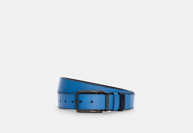 COACH®,DOUBLE BAR BUCKLE CUT-TO-SIZE REVERSIBLE BELT, 38MM,Leather,Gunmetal/Racer Blue/Midnight Navy,Front View