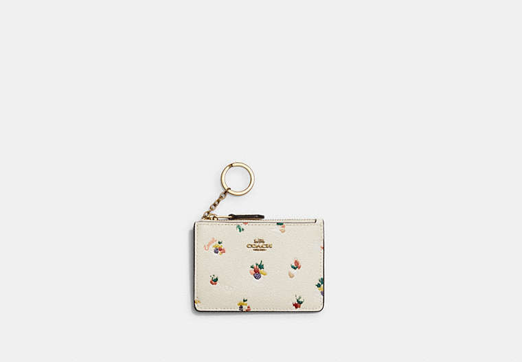COACH®,MINI SKINNY ID CASE WITH PAINT DAB FLORAL PRINT,Pebble Leather,Brass/Chalk Multi,Front View