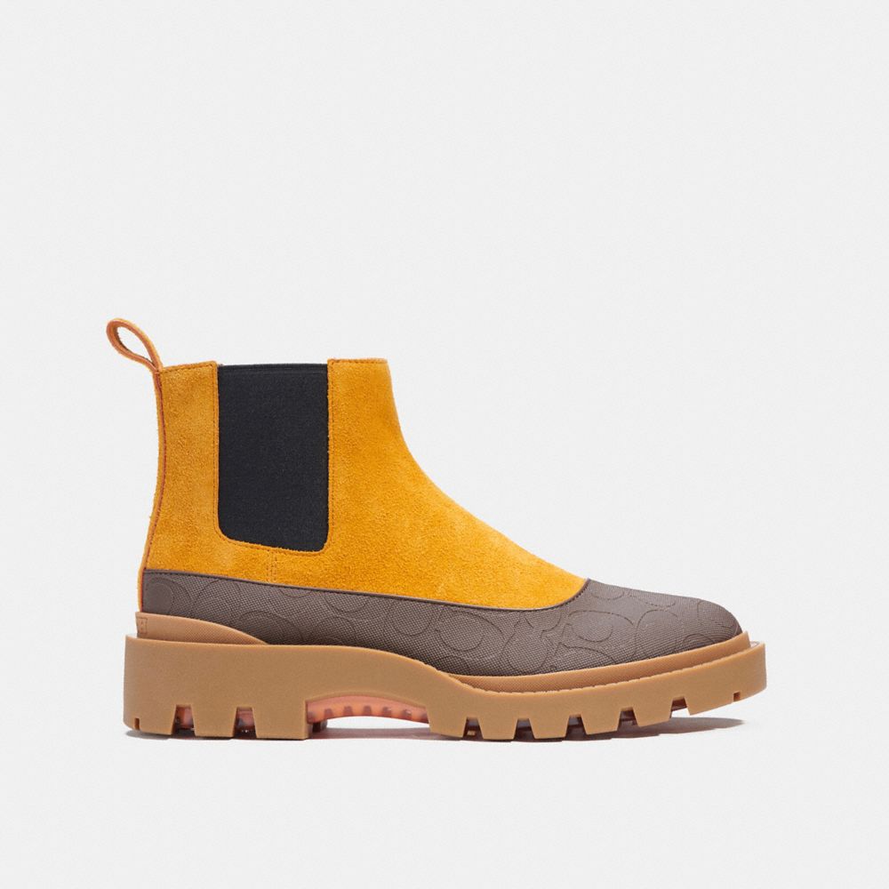 COACH®,CITYSOLE CHELSEA BOOT,Suede/Rubber,Butterscotch,Angle View