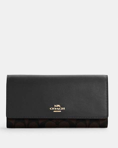 COACH®,SLIM TRIFOLD WALLET IN SIGNATURE CANVAS,pvc,Mini,Gold/Brown Black,Front View