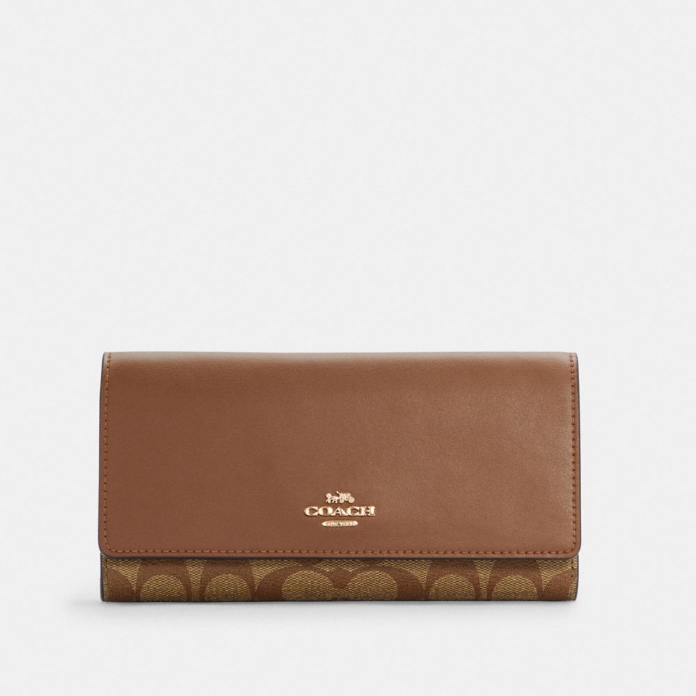 COACH®,SLIM TRIFOLD WALLET IN SIGNATURE CANVAS,Signature Canvas,Mini,Gold/Khaki Saddle 2,Front View