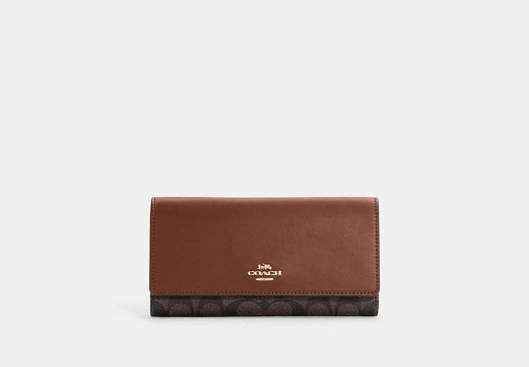 COACH®,SLIM TRIFOLD WALLET IN SIGNATURE CANVAS,pvc,Im/Brown/Redwood,Front View