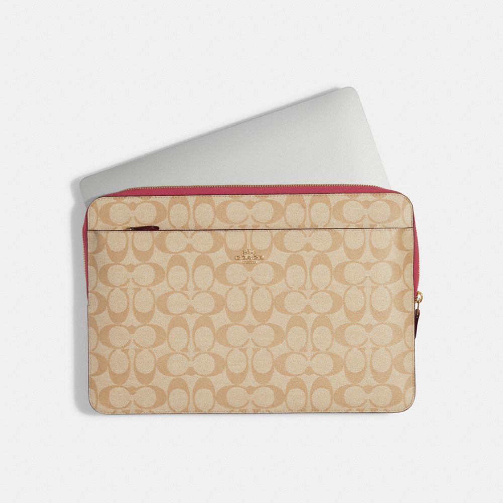 COACH Womens 13 Laptop Sleeve in Signature Canvas Leather (IM/Light Khaki  Multi with Floral Cluster Print)