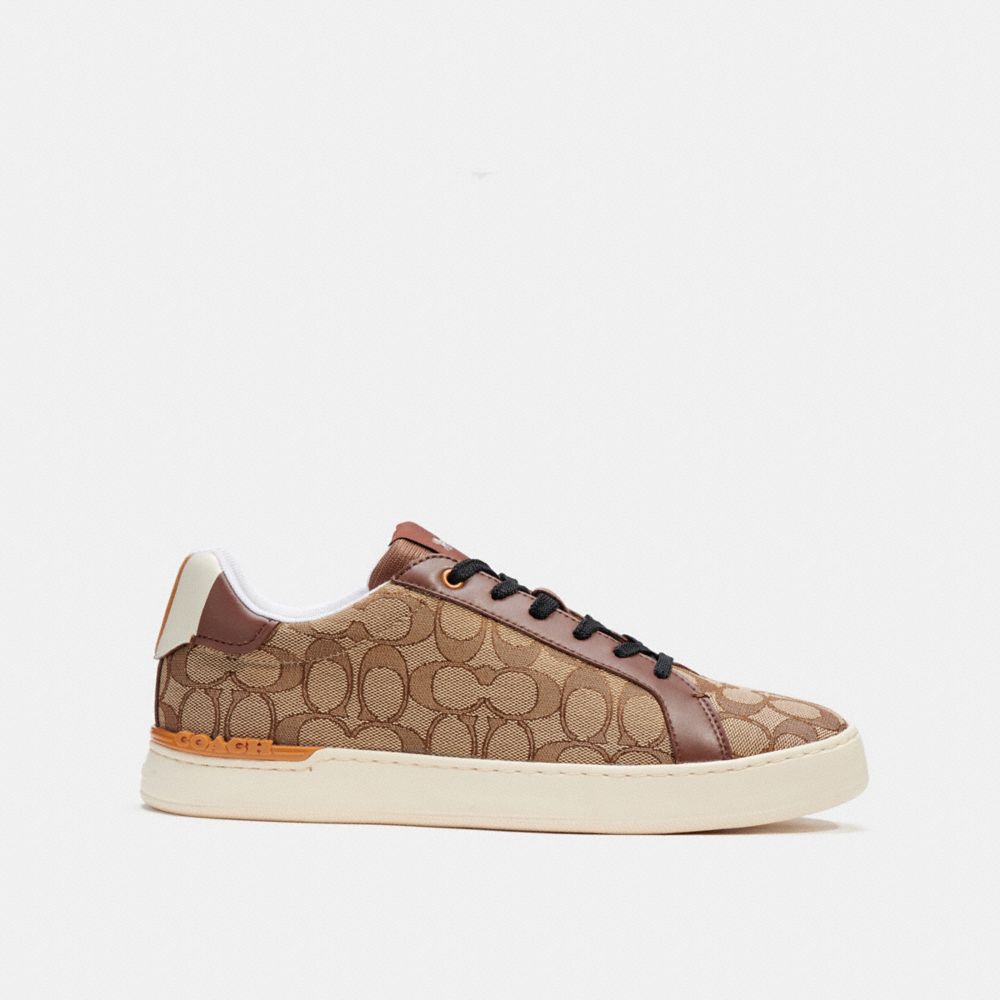 COACH®,CLIP LOW TOP SNEAKER WITH STRIPE,Khaki,Angle View