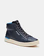 COACH®,CLIP HIGH TOP SNEAKER,Leather,Midnight Navy,Angle View