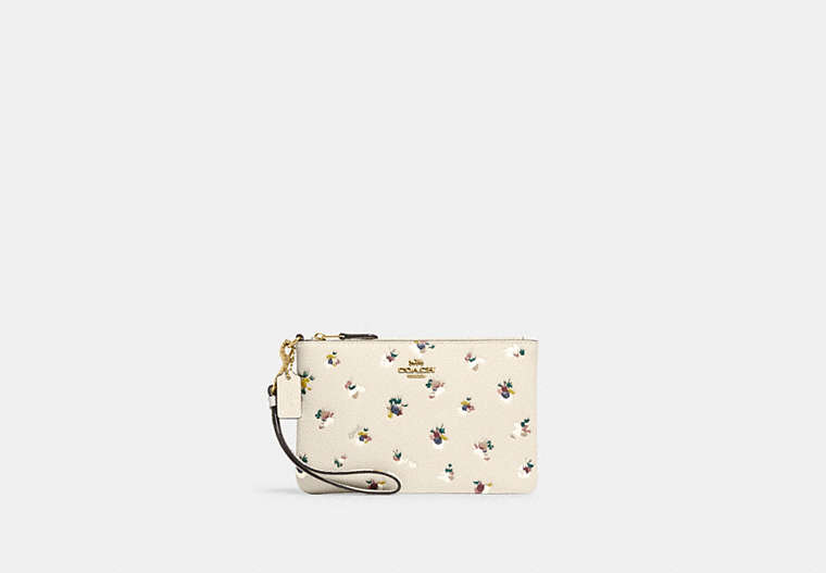 COACH®,SMALL WRISTLET WITH FLORAL PRINT,Pebble Leather/Smooth Leather,Mini,Brass/Chalk Multi,Front View