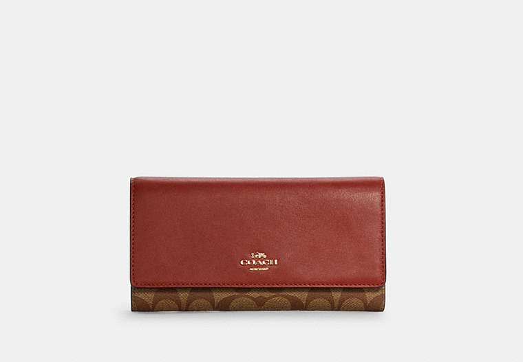 COACH®,SLIM TRIFOLD WALLET IN SIGNATURE CANVAS,Gold/Khaki Multi,Front View