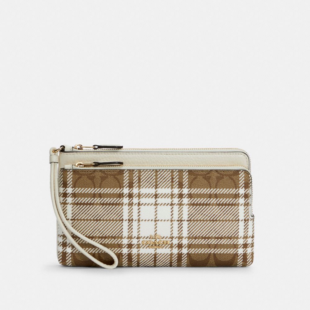 Designer Inspired White Plaid Double Zip Purse