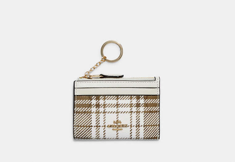 COACH®,MINI SKINNY ID CASE IN SIGNATURE CANVAS WITH HUNTING FISHING PLAID PRINT,Gold/Khaki Chalk Multi,Front View