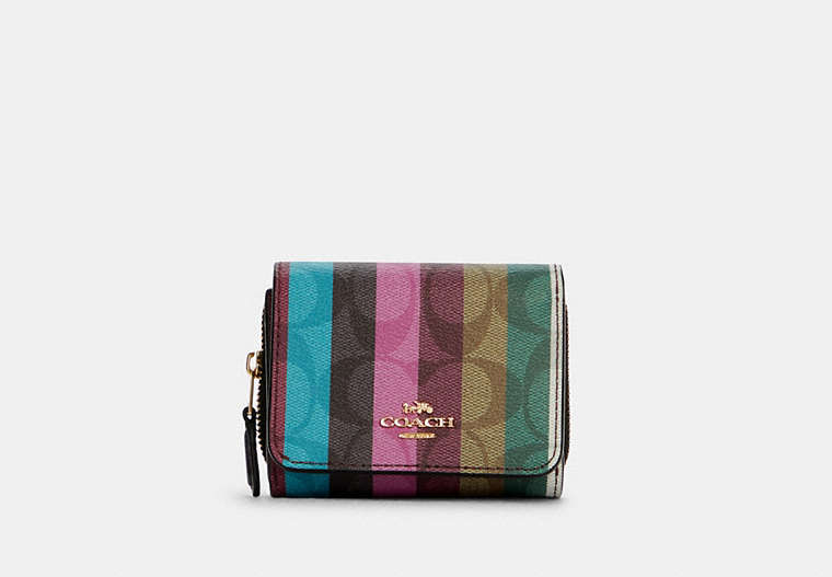COACH®,SMALL TRIFOLD WALLET IN SIGNATURE CANVAS WITH STRIPE PRINT,Gold/Khaki Multi,Front View