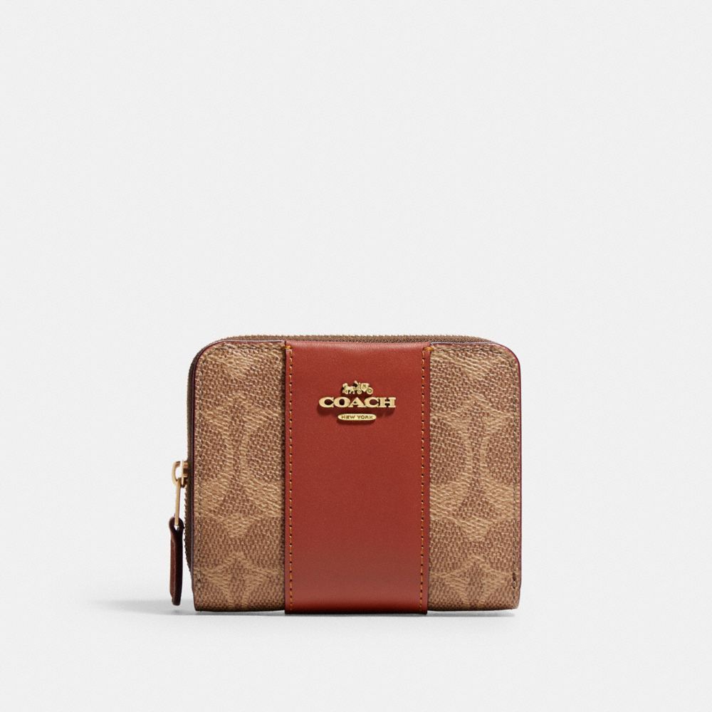 COACH®,BILLFOLD WALLET IN COLORBLOCK SIGNATURE CANVAS,Mini,Brass/Tan/Rust,Front View