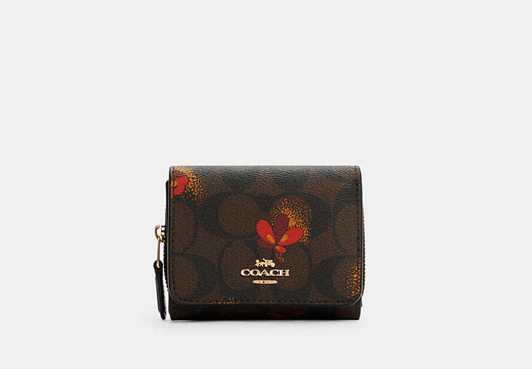 COACH®,SMALL TRIFOLD WALLET IN SIGNATURE CANVAS WITH POP FLORAL PRINT,Gold/Brown Black Multi,Front View