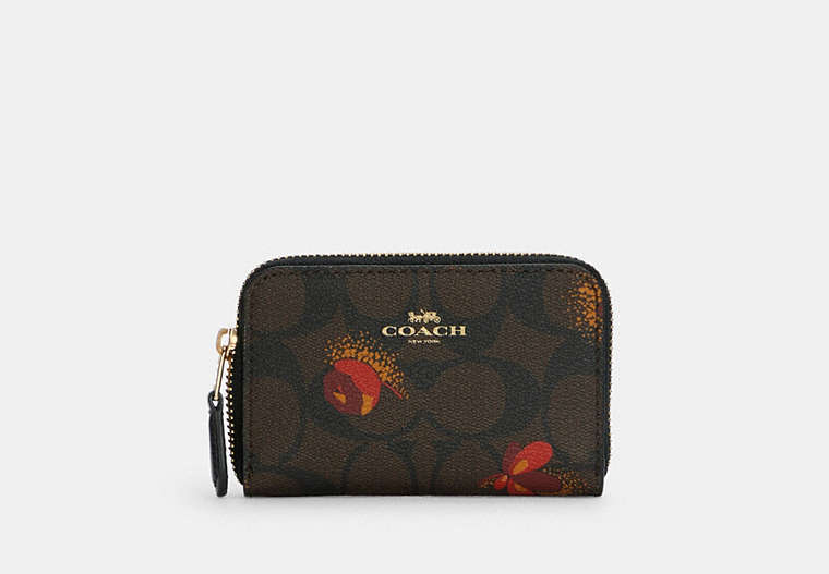 COACH®,ZIP AROUND COIN CASE IN SIGNATURE CANVAS WITH POP FLORAL PRINT,Gold/Brown Black Multi,Front View