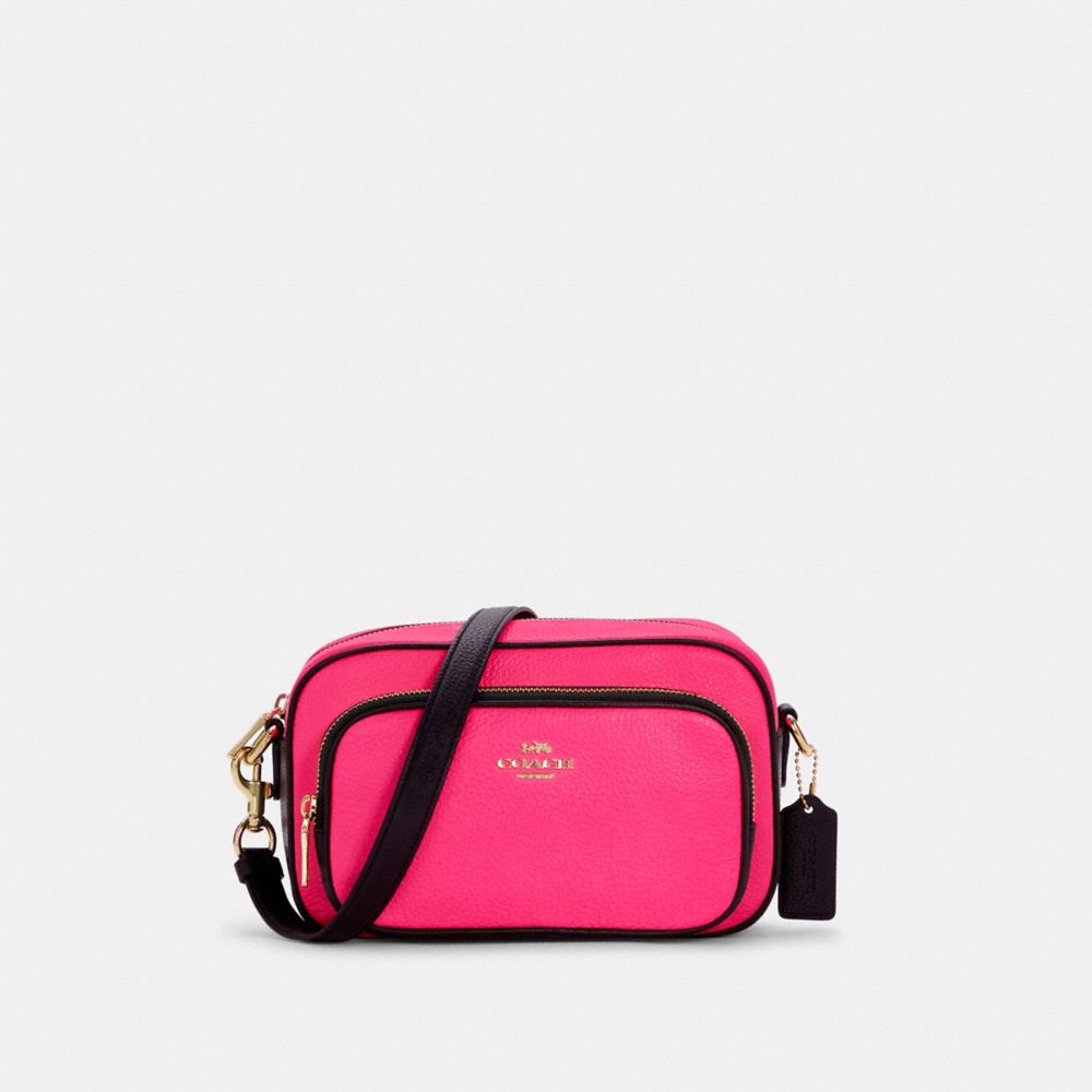 COACH®,COURT CROSSBODY IN COLORBLOCK,Leather,Gold/Fluorescent Pink,Front View