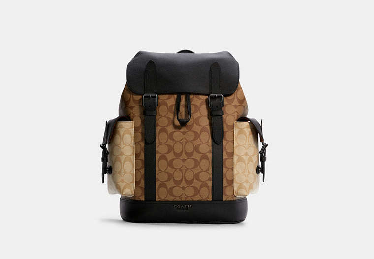 COACH®,HUDSON BACKPACK IN BLOCKED SIGNATURE CANVAS,Other,Gunmetal/Khaki Light Khaki,Front View