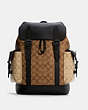 COACH®,HUDSON BACKPACK IN BLOCKED SIGNATURE CANVAS,Other,Gunmetal/Khaki Light Khaki,Front View