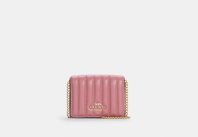 COACH®,MINI WALLET ON A CHAIN WITH LINEAR QUILTING,Mini,Gold/True Pink,Front View