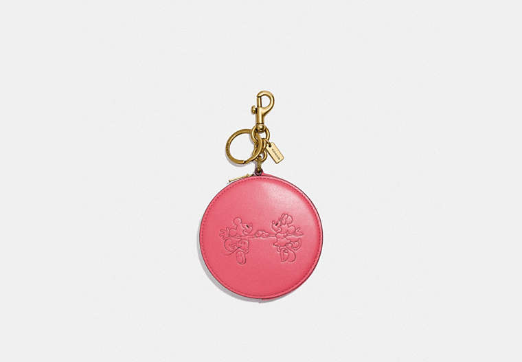 COACH®,DISNEY X COACH COIN POUCH BAG CHARM WITH MICKEY MOUSE AND MINNIE MOUSE,Smooth Leather,Mini,Brass/WATERMELON,Front View